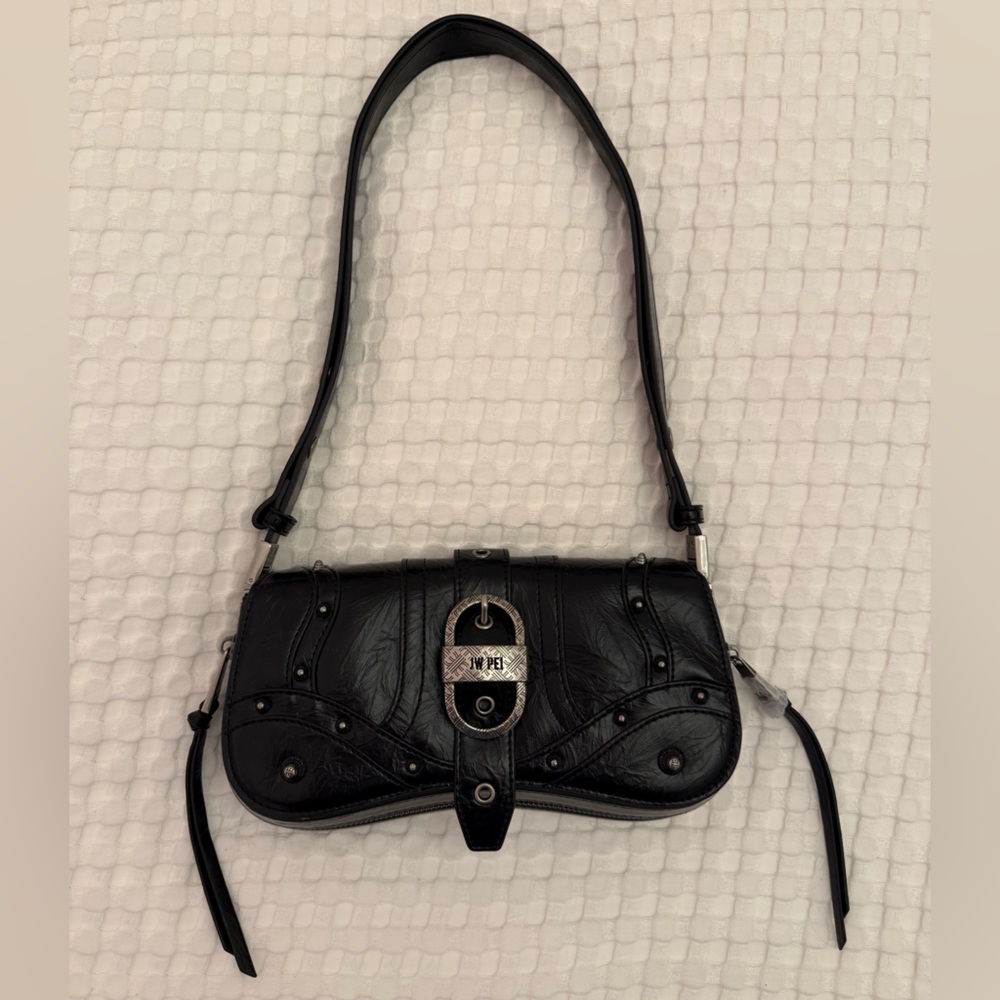 JW PEI Joy Crushed Buckle Leather Shoulder Bag Black